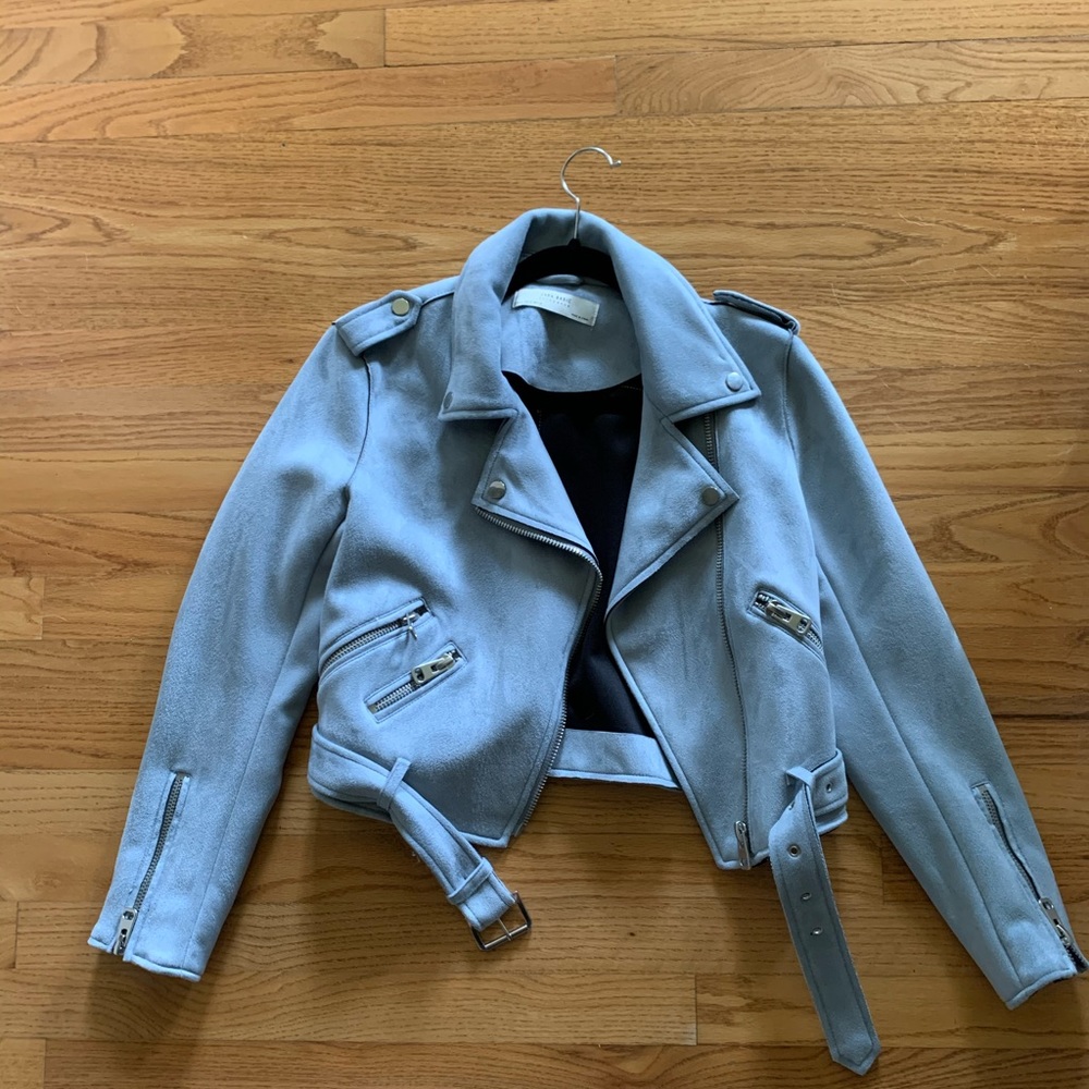 Zara Ice Blue Suede Motorcycle Jacket